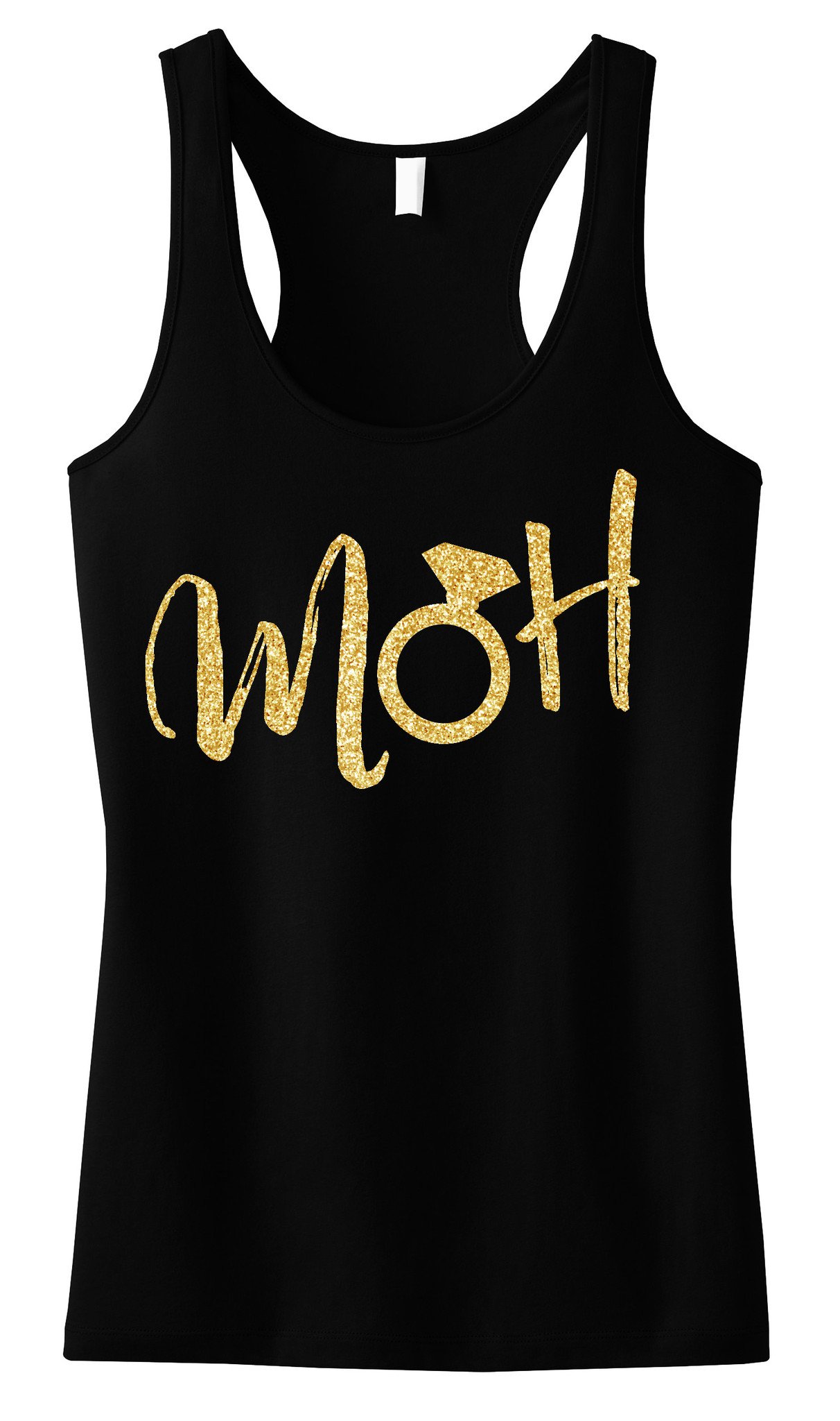 MOH Script Maid of Honor Tank Top featuring gold glitter design, available in black, blush, and navy blue colors.